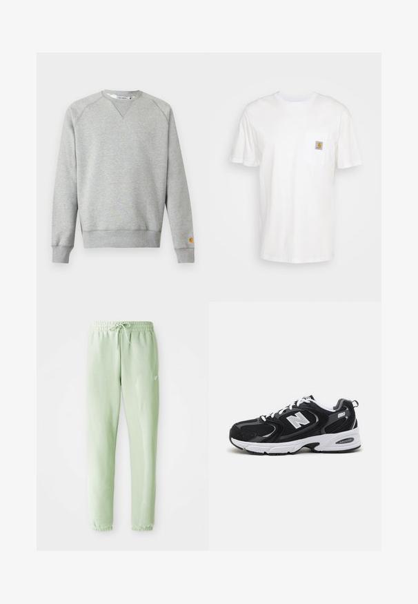 Lichtgrijze crewneck sweater met lange mouwen, geribde manchetten en zoom, en een klein logoplaatje op de linkermouwmanchet.; Witte katoenen t-shirt met korte mouwen, een borstzak en een klein vierkant logo-opdruk in oranje en wit op de zak.; Lichtgroene sweatpants van zachte katoen, met een elastische tailleband met trekkoord en taps toelopende benen, afgewerkt met gathered boorden.; Zwarte en grijze sport schoenen met een bovenwerk van mesh en suede, voorzien van een witte tussenzool, veters en een gedurfde "N"-logo aan de zijkant.