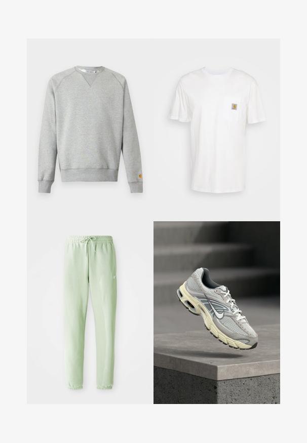Sudadera gris claro con cuello redondo, mangas largas, puños y dobladillo acanalados, y pequeño parche con logo en el puño de la manga izquierda.; Camiseta de algodón blanca con mangas cortas, un bolsillo en el pecho y un pequeño parche cuadrado de logo en naranja y blanco en el bolsillo.; Pantalones de chándal verde claro, hechos de algodón suave, con cintura elástica y cordón, piernas ajustadas y puños gather.; Zapatilla de correr Nike gris y blanca con suela acolchada suspendida sobre un escalón de concreto en un entorno al aire libre.
