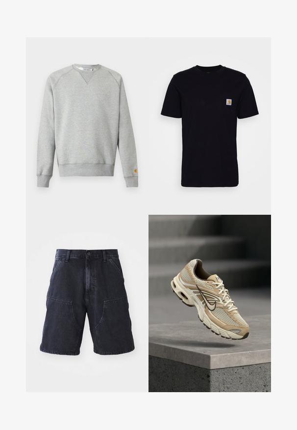 Lysegrå crewneck sweatshir t med lange ærmer, ribbede manchetter og kant, samt lille logo patch på venstre ærmekant.; Sort bomulds T-shirt med korte ærmer, rund hals og en brystlomme, der har et lille, kvadratisk logo-patch. Enkel, ensfarvet design.; Mørke denim shorts med lige snit, store forlommer og knaplukning; glat tekstur og minimale syninger.; Beige og hvid Nike løbesko med mesh paneler og sort swoosh, der svæver over en betonkant med slørede trapper i baggrunden.