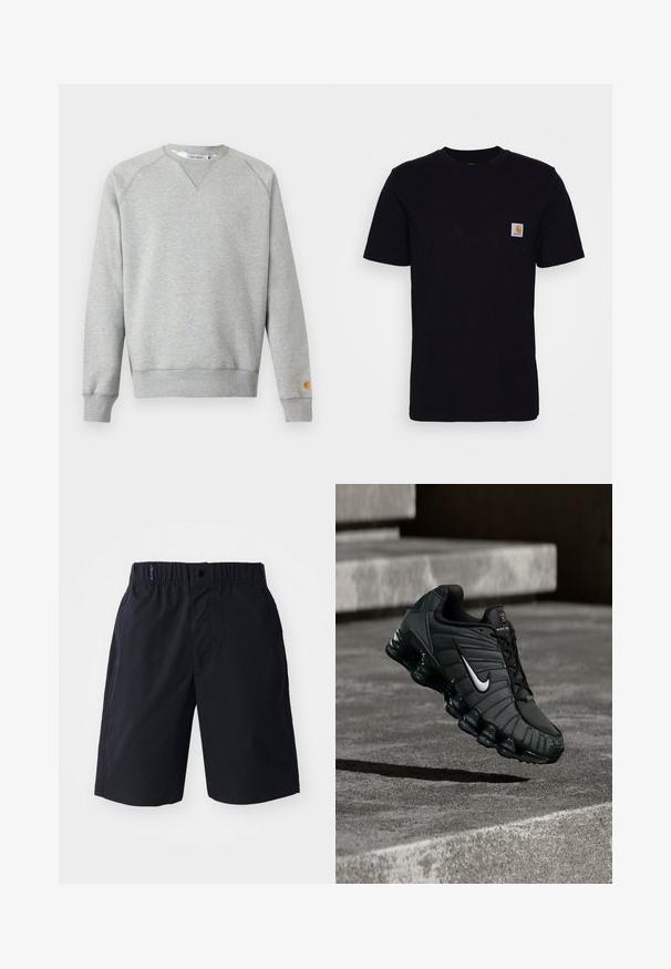 Lichtgrijze crewneck sweater met lange mouwen, geribde manchetten en zoom, en een klein logoplaatje op de linkermouwmanchet.; Zwarte katoenen t-shirt met korte mouwen, ronde hals en een borstzak met een klein, vierkant logo patch. Eenvoudig, stevig ontwerp.; Zwarte shorts van lichtgewicht stof, met een rechte voorkant, een elastische tailleband en zijzakken. Eenvoudig ontwerp zonder patronen.; Nike hardloopschoen in donkergroen, met een gladde synthetische bovenkant, een mesh textuur, zwarte veters en een glanzende zool met luchtkussens.