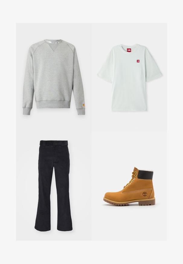 Lysegrå crewneck sweatshir t med lange ærmer, ribbede manchetter og kant, samt lille logo patch på venstre ærmekant.; Lysegrøn kortærmet t-shirt lavet af blød bomuld, med et lille rødt logo på venstre brystområde. Løs pasform og rund halsudskæring.; Sorte kordfløjl bukser med en afslappet pasform, der har en klassisk talje og flagrende ben, blød tekstur og uden synlige mønstre eller detaljer.; Brune læder ankelstøvle med metaløjer, hvid pelsforing, sort polstret krave, robust sål og præget logo på siden.