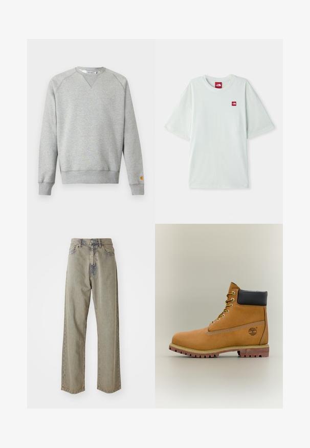 Sudadera gris claro con cuello redondo, mangas largas, puños y dobladillo acanalados, y pequeño parche con logo en el puño de la manga izquierda.; Camiseta de manga corta verde claro hecha de algodón suave, con una pequeña etiqueta de logo rojo en el área del pecho izquierdo. Corte relajado y escote redondo.; Jeans de pierna ancha de color gris claro, hechos de denim, con una textura desgastada, costuras visibles y cierre tradicional de botón y cremallera.; Bota de tobillo de cuero marrón con cuello negro, cordones amarillos y suela beige. Presenta un logotipo y detalles de costura blanca. Suela exterior con tracción robusta.