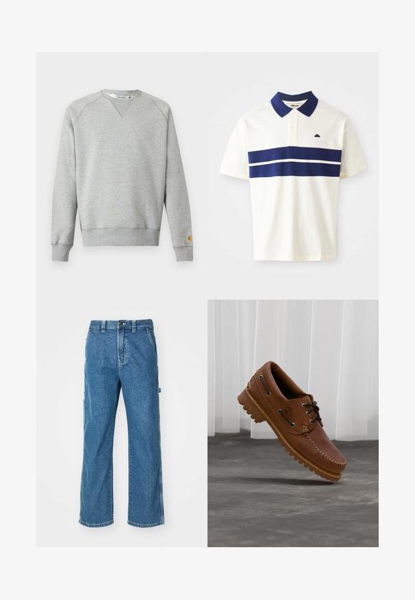 Lichtgrijze crewneck sweater met lange mouwen, geribde manchetten en zoom, en een klein logoplaatje op de linkermouwmanchet.; Witte poloshirt met marineblauwe strepen over de borst en kraag. Bevat korte mouwen en een klein logo aan de linkerkant nabij de kraag.; Blauwe denim cargobroek met een relaxed fit, voorzien van zijzakken, een rits en contrasterende stiksels op de naden.; Bruine leren bootschoen met zwarte veters, beige stiksel en een robuuste zool, zwevend boven een grijze betonnen vloer.