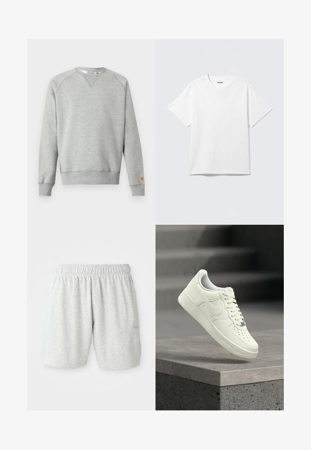 Hellgraues Sweatshirt mit Rundhalsausschnitt, langen Ärmeln, gerippten Bündchen und Saum sowie kleinem Logo-Patch am linken Ärmelbündchen.; Weißes T-Shirt mit kurzen Ärmeln und Rundhalsausschnitt, flach liegend, schlichtes Design, mit „WEEKDAY“-Etikett innen im Kragen auf hellem Hintergrund.; Graue Baumwollshorts mit einem elastischen Bund, die über eine glatte Textur und seitliche Taschen verfügt. Dezentes Logo-Detail am Saum.; Weißer Ledersneaker mit niedrigem Profil, strukturierter Oberfläche, Perforationen an der Spitze und silbernen Akzenten an den Schnürsenkeln und dem Branding.