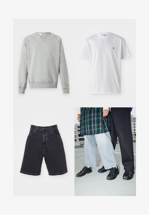 Lichtgrijze crewneck sweater met lange mouwen, geribde manchetten en zoom, en een klein logoplaatje op de linkermouwmanchet.; Witte katoenen t-shirt met korte mouwen en ronde hals, voorzien van een klein gouden logo op de linkerkant van de borst. Zachte textuur en een normale pasvorm.; Donkerdenim shorts met een hoge taille, voorzien van twee voorzakken, contrasterende gele stiksels, en een rechte snit met een omgezoomde afwerking.; Zwarte sportieve schoenen met mesh- en rubberaccenten. Draagt een lichtgrijze wijde spijkerbroek en een groen geruit shirt. Effen achtergrond.