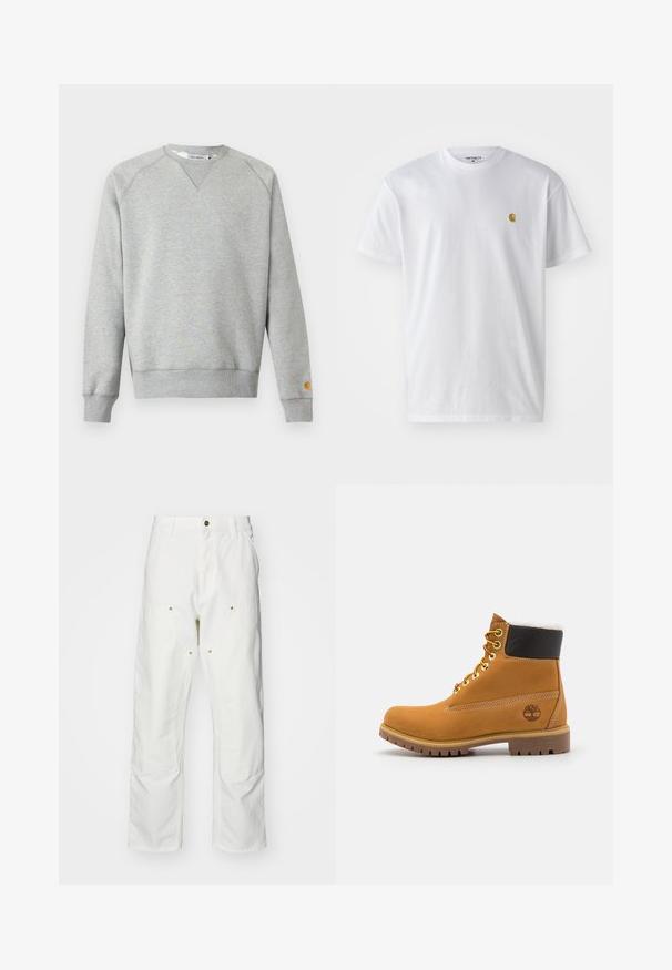 Lysegrå crewneck sweatshir t med lange ærmer, ribbede manchetter og kant, samt lille logo patch på venstre ærmekant.; Hvid bomulds t-shirt med korte ærmer, rund hals og et lille guld logo på venstre brystområde. Blød tekstur og almindelig pasform.; Hvide bomulds cargo bukser med en afslappet pasform. Funktioner inkluderer for- og baglommer, guldfarvede hardware detaljer og forstærkede knæsektioner.; Brune læder ankelstøvle med metaløjer, hvid pelsforing, sort polstret krave, robust sål og præget logo på siden.