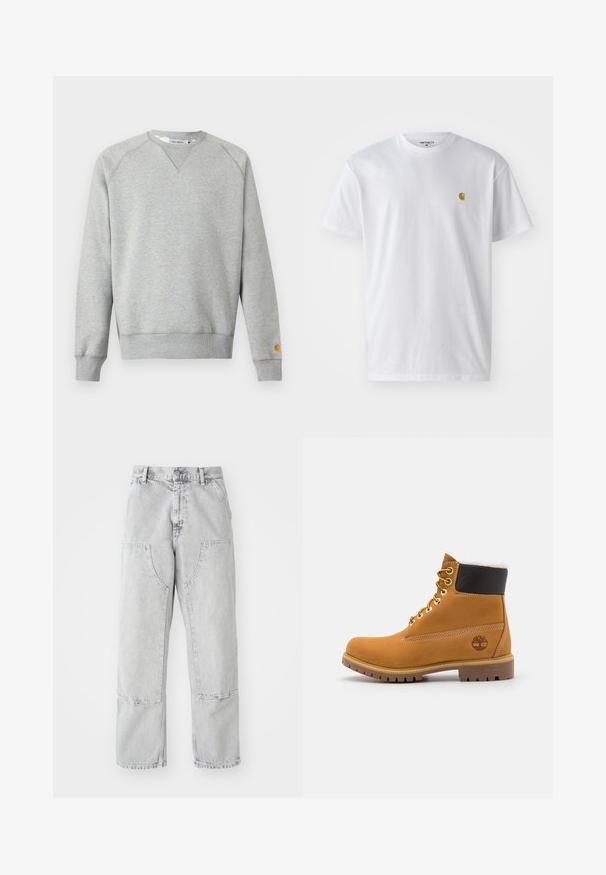 Lysegrå crewneck sweatshir t med lange ærmer, ribbede manchetter og kant, samt lille logo patch på venstre ærmekant.; Hvid bomulds t-shirt med korte ærmer, rund hals og et lille guld logo på venstre brystområde. Blød tekstur og almindelig pasform.; Lys grå denim bukser med en løs pasform, der har store sidelommer, synlige sømme og et lige ben design. Bæltestropper i taljen.; Brune læder ankelstøvle med metaløjer, hvid pelsforing, sort polstret krave, robust sål og præget logo på siden.