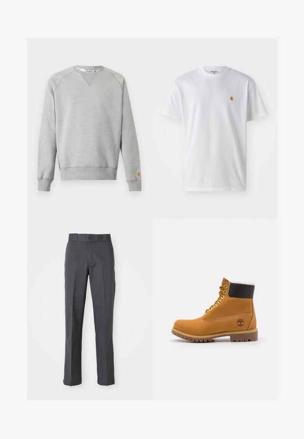 Lysegrå crewneck sweatshir t med lange ærmer, ribbede manchetter og kant, samt lille logo patch på venstre ærmekant.; Hvid bomulds t-shirt med korte ærmer, rund hals og et lille guld logo på venstre brystområde. Blød tekstur og almindelig pasform.; Mørkegrå bukser lavet af bomuldsblanding, der har et lige ben-design, frontlommer og en knaplukning i taljen.; Brune læder ankelstøvle med metaløjer, hvid pelsforing, sort polstret krave, robust sål og præget logo på siden.
