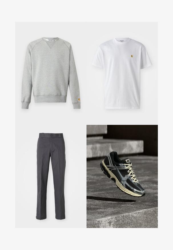 Sweat-shirt gris clair à col rond, manches longues, poignets et ourlet côtelés, avec une petite étiquette logo sur le poignet de la manche gauche.; T-shirt en coton blanc à manches courtes, col rond, avec un petit logo doré sur la poitrine gauche. Texture douce et coupe régulière.; Pantalons gris foncé en mélange de coton, présentant un design à jambes droites, des poches avant et une fermeture à bouton à la taille.; Chaussure de course Nike noire et grise avec des lacets crème flottant au-dessus d'une surface en béton texturée.