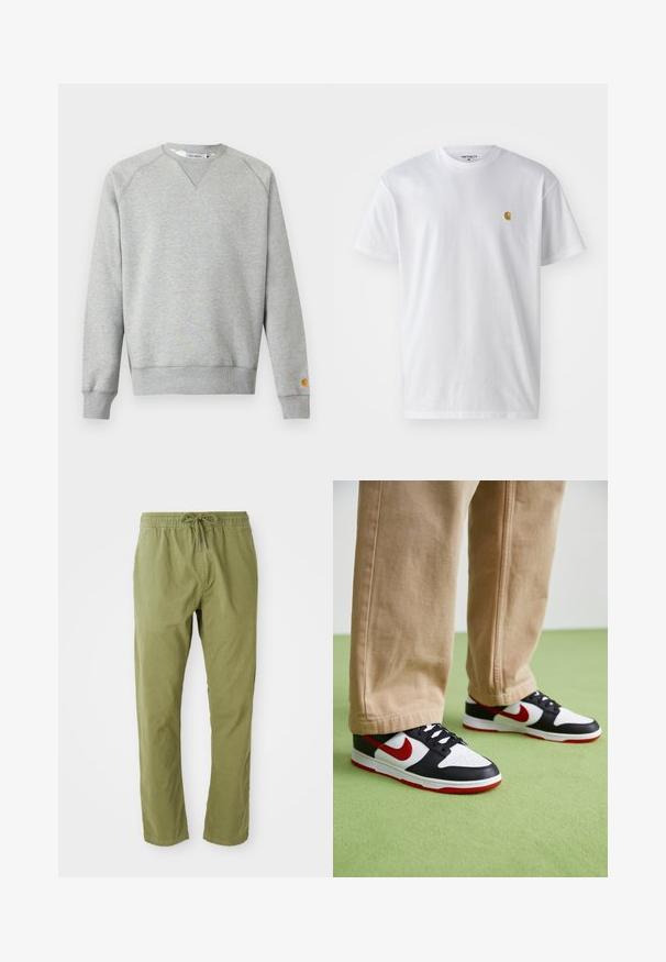 Sudadera gris claro con cuello redondo, mangas largas, puños y dobladillo acanalados, y pequeño parche con logo en el puño de la manga izquierda.; Camiseta de algodón blanca con mangas cortas, cuello redondo, que presenta un pequeño logo dorado en la parte izquierda del pecho. Textura suave y corte regular.; Pantalones de corte relajado en verde oliva con cinturilla elástica y cordón. Confeccionados en una tela suave con una textura lisa y perneras rectas.; Las zapatillas Nike Dunk presentan un diseño de cuero negro con acentos rojos y un swoosh blanco. La suela es roja, con una puntera blanca texturizada.