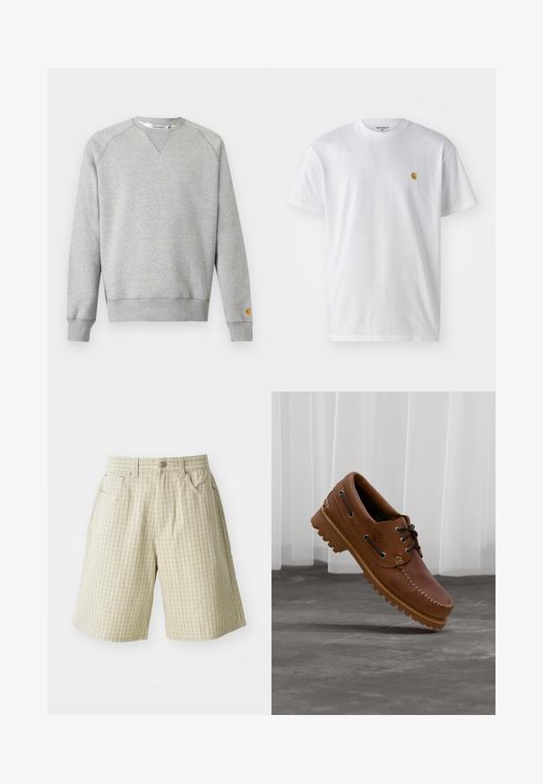 Sweat-shirt gris clair à col rond, manches longues, poignets et ourlet côtelés, avec une petite étiquette logo sur le poignet de la manche gauche.; T-shirt en coton blanc à manches courtes, col rond, avec un petit logo doré sur la poitrine gauche. Texture douce et coupe régulière.; Shorts à carreaux beiges en tissu léger, dotés de deux poches latérales, d'une fermeture à bouton et d'un design décontracté.; Chaussure de bateau en cuir marron avec des lacets noirs, des coutures beiges et une semelle robuste, suspendue au-dessus d'un sol en béton gris.