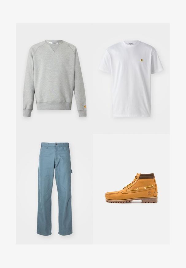 Sudadera gris claro con cuello redondo, mangas largas, puños y dobladillo acanalados, y pequeño parche con logo en el puño de la manga izquierda.; Camiseta de algodón blanca con mangas cortas, cuello redondo, que presenta un pequeño logo dorado en la parte izquierda del pecho. Textura suave y corte regular.; Pantalones cargo de algodón en azul claro con un diseño de pierna recta, dos bolsillos laterales y un lazo en la cintura para mayor utilidad.; Timberland AUTHENTIC MID LACE BOOT - Botines con cordones - wheat