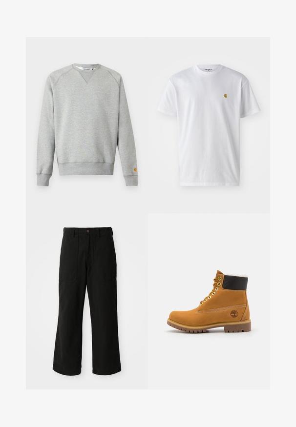 Sweat-shirt gris clair à col rond, manches longues, poignets et ourlet côtelés, avec une petite étiquette logo sur le poignet de la manche gauche.; T-shirt en coton blanc à manches courtes, col rond, avec un petit logo doré sur la poitrine gauche. Texture douce et coupe régulière.; Pantalons noirs à large jambe en tissu doux, dotés de poches avant et d'une fermeture à bouton à la taille. Design minimaliste sans motifs visibles.; Bottine en cuir brun avec œillets en métal, doublure en fourrure blanche, col rembourré noir, semelle robuste et logo en relief sur le côté.