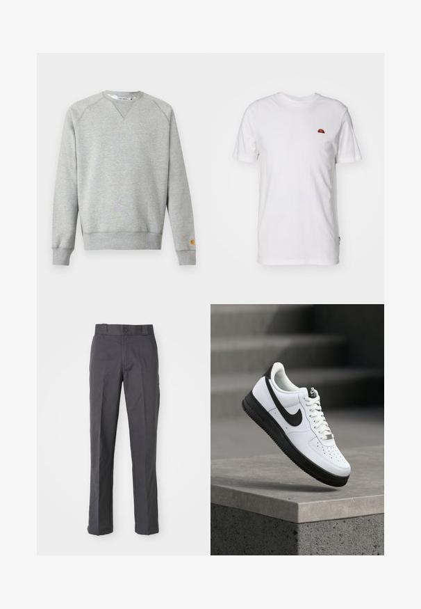 Sudadera gris claro con cuello redondo, mangas largas, puños y dobladillo acanalados, y pequeño parche con logo en el puño de la manga izquierda.; Camiseta de algodón blanca con mangas cortas y cuello redondo. Presenta un pequeño logotipo colorido en la parte izquierda del pecho. Textura suave.; Pantalones oscuros de algodón con un diseño de pierna recta, bolsillos delanteros y un cierre de botón en la cintura.; Zapatilla deportiva de cuero blanco con detalles en negro, punta redondeada y detalles perforados. Suela de goma negra con patrón texturizado y cierre de cordones.