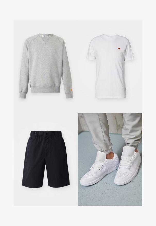 Sudadera gris claro con cuello redondo, mangas largas, puños y dobladillo acanalados, y pequeño parche con logo en el puño de la manga izquierda.; Camiseta de algodón blanca con mangas cortas y cuello redondo. Presenta un pequeño logotipo colorido en la parte izquierda del pecho. Textura suave.; Pantalones cortos negros hechos de tejido ligero, con un frente plano, cintura elástica y bolsillos laterales. Diseño simple sin patrones.; Las zapatillas deportivas de cuero blanco cuentan con una caja de dedos perforada, cordones planos, un cuello acolchado y el logo de Jordan en la lengüeta. Las llevan puestas con pantalones joggers grises.