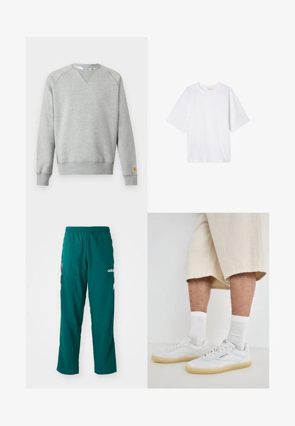 Hellgraues Sweatshirt mit Rundhalsausschnitt, langen Ärmeln, gerippten Bündchen und Saum sowie kleinem Logo-Patch am linken Ärmelbündchen.; Weißes T-Shirt mit kurzen Ärmeln aus weichem Stoff. Hat einen runden Ausschnitt und eine lässige Passform mit geradem Saum. Keine Muster oder Hardware.; Grüne Sporthose aus leichtem Material, mit elastischem Bund, seitlichen Taschen und weißem Adidas-Logo auf der linken Seite.; Weisse Leder-Sneaker mit Kautschuksohlen, versehen mit perforierten Akzenten, Schnürsenkeln und einem Logo auf der Zunge. Getragen mit weissen Crew-Socken und beigen Shorts.