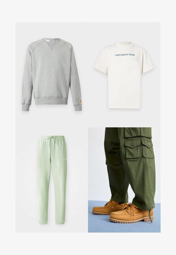Hellgraues Sweatshirt mit Rundhalsausschnitt, langen Ärmeln, gerippten Bündchen und Saum sowie kleinem Logo-Patch am linken Ärmelbündchen.; Weißes T-Shirt mit kurzen Ärmeln und Rundhalsausschnitt, mit kleinem blauen "The North Face"-Schriftzug in Bubble-Buchstaben, mittig auf der Brust.; Helle grüne Jogginghosen aus weichem Baumwollstoff, mit einem elastischen Bund und Kordelzug, schmal zulaufenden Beinen und gerüschten Bündchen.; Timberland AUTHENTIC 3 EYE - Bootsschuh - wheat