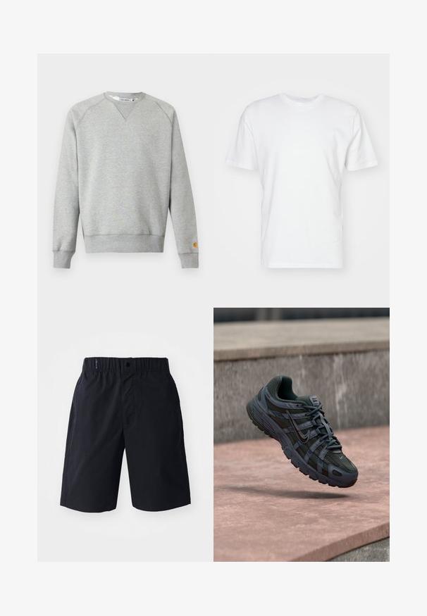 Lichtgrijze crewneck sweater met lange mouwen, geribde manchetten en zoom, en een klein logoplaatje op de linkermouwmanchet.; Witte katoenen T-shirt met korte mouwen, ronde halslijn en een gladde textuur. Eenvoudig ontwerp zonder patronen of afbeeldingen.; Zwarte shorts van lichtgewicht stof, met een rechte voorkant, een elastische tailleband en zijzakken. Eenvoudig ontwerp zonder patronen.; Donkergrijze Nike hardloopschoen met mesh en synthetisch ontwerp, zwevend boven een roze betonoppervlak met een grijze stenen achtergrond.