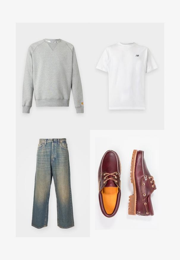 Hellgraues Sweatshirt mit Rundhalsausschnitt, langen Ärmeln, gerippten Bündchen und Saum sowie kleinem Logo-Patch am linken Ärmelbündchen.; Weißes T-Shirt mit kurzen Ärmeln und Rundhalsausschnitt mit kleinem schwarzem New Balance-Logo auf der oberen linken Brust auf einem einfarbigen hellen Hintergrund.; Hochgeschnittene, gerade geschnittene, ausgewaschene blaue Jeans mit Ziertaschen vorne und einem Knopfverschluss vor hellem Hintergrund.; Bordeauxfarbene Lederschuhe mit braunen Gummisohlen, runder Zehenform, weißen Nähten und goldenen Ösen. Das Innenfutter weist eine gelbe Beschichtung auf.