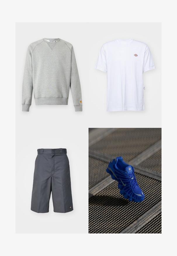 Hellgraues Sweatshirt mit Rundhalsausschnitt, langen Ärmeln, gerippten Bündchen und Saum sowie kleinem Logo-Patch am linken Ärmelbündchen.; Weißes Baumwoll-T-Shirt mit V-Ausschnitt und kurzen Ärmeln. Besitzt ein kleines, buntes, gesticktes Logo auf der linken Brustseite. Weiches Material.; Graue Shorts aus robustem Stoff, mit geradem Schnitt, zwei Seitentaschen und einem kleinen Logo auf der Gesäßtasche.; Blaue Sportschuh mit einem Obermaterial aus Netzgewebe, strukturiertem Design und einer markanten Sohle, die über ausgeprägte Dämpfungselemente und reflektierende Akzente verfügt.