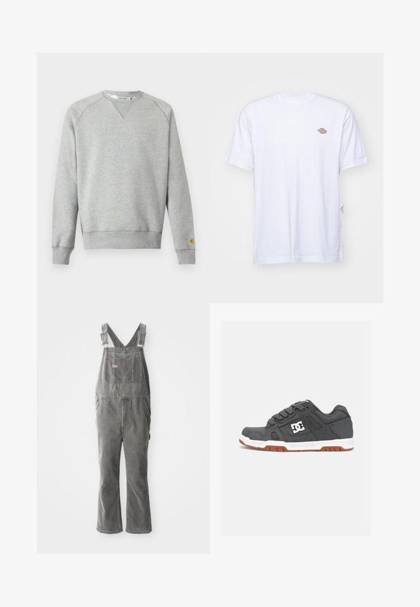 Hellgraues Sweatshirt mit Rundhalsausschnitt, langen Ärmeln, gerippten Bündchen und Saum sowie kleinem Logo-Patch am linken Ärmelbündchen.; Weißes Baumwoll-T-Shirt mit V-Ausschnitt und kurzen Ärmeln. Besitzt ein kleines, buntes, gesticktes Logo auf der linken Brustseite. Weiches Material.; Graue Denim-Overalls mit verstellbaren Trägern, einer Brusttasche vorne, Seitentaschen und einem ausgestellten Bein. Robuster Stoff und entspannter Schnitt für Komfort.; Graue Sneaker mit Obermaterial aus Leder, weißer Zwischensohle, brauner Gummi-Außensohle und durchbrochener Detailierung. Mit Logo an der Seite und strukturierten Schnürsenkeln.