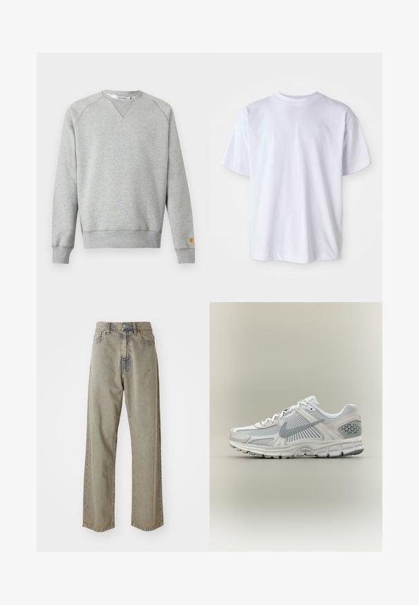 Hellgraues Sweatshirt mit Rundhalsausschnitt, langen Ärmeln, gerippten Bündchen und Saum sowie kleinem Logo-Patch am linken Ärmelbündchen.; Weißes Baumwoll-T-Shirt mit Rundhalsausschnitt und kurzen Ärmeln. Verfügt über ein dezentes Logo, das in passender Farbe auf der linken Brust gestickt ist.; Helle graue, weit geschnittene Jeans aus Denim, mit einer ausgebleichtenen Textur, sichtbaren Nähten und traditionellem Knopf- und Reißverschluss.; Weißer und grauer Nike-Laufschuh mit Mesh- und synthetischen Overlays, grauem Swoosh-Logo, gepolsterter Sohle und strukturiertem Fersensupport.