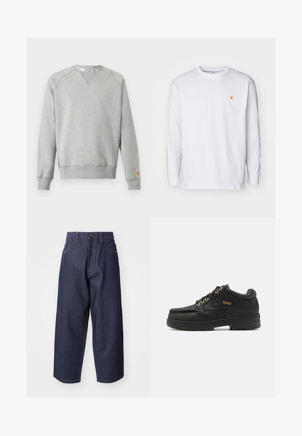 Sudadera gris claro con cuello redondo, mangas largas, puños y dobladillo acanalados, y pequeño parche con logo en el puño de la manga izquierda.; Camiseta de manga larga blanca de algodón. Cuenta con un pequeño logo dorado en el pecho y un cuello redondo. Diseño simple y corte estándar.; Jeans de mezclilla azul oscuro con un diseño suelto y de pierna ancha. Las características incluyen un cierre de botón, bolsillos frontales y acentos de costura visibles.; Zapato de cuero negro con cordones, cuello acolchado, suela gruesa, ojales dorados y etiqueta Gore-Tex en el lateral.