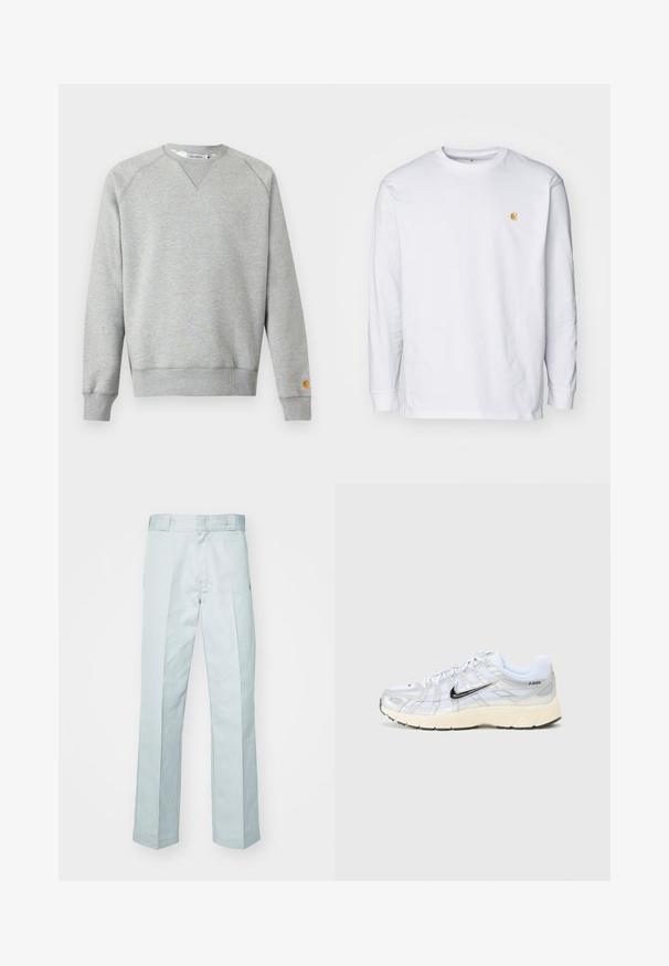 Lysegrå crewneck sweatshir t med lange ærmer, ribbede manchetter og kant, samt lille logo patch på venstre ærmekant.; Hvid langærmet t-shirt lavet af bomuld. Har et lille gyldent logo på brystet og en rund halsudskæring. Enkel design og standard pasform.; Lysblå bomuldsbukser med lige ben design, prydet med diskrete folder og en glat tekstur, afsluttet med et standard taljebånd.; Hvide mesh sneakers med sølvdetaljer, sort Nike swoosh, polstret krave og tekstureret sål. Har et lagdelt design for stabilitet.
