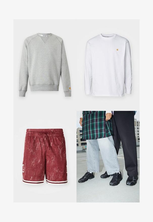 Hellgraues Sweatshirt mit Rundhalsausschnitt, langen Ärmeln, gerippten Bündchen und Saum sowie kleinem Logo-Patch am linken Ärmelbündchen.; Weißes Langarm-T-Shirt aus Baumwolle. Mit kleinem goldenem Logo auf der Brust und Rundhalsausschnitt. Einfaches Design und normale Passform.; Rote Netzshorts mit einem strukturierten Muster, weißen Akzenten und einem Kordelzugbund. Sie verfügen über Seitentaschen und ein Logo am linken Bein.; Schwarze Sportschuhe mit Mesh- und Gummielementen. Kombiniert mit hellgrauen weiten Jeans und einem karierten grünen Oberteil. Flacher Hintergrund.