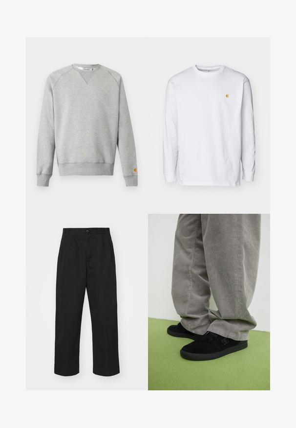 Lysegrå crewneck sweatshir t med lange ærmer, ribbede manchetter og kant, samt lille logo patch på venstre ærmekant.; Hvid langærmet t-shirt lavet af bomuld. Har et lille gyldent logo på brystet og en rund halsudskæring. Enkel design og standard pasform.; Sorte bomuldsbukser med lige pasform, der har en knaplukning, to frontlommer og en glat tekstur.; Sorte ruskind skate sko med en struktureret finish og et logo, parret med grå cordurypants med en ribbet tekstur. Grøn gulvoverflade.