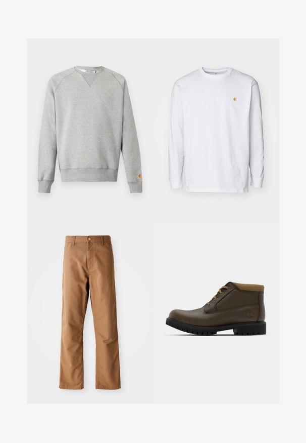 Lichtgrijze crewneck sweater met lange mouwen, geribde manchetten en zoom, en een klein logoplaatje op de linkermouwmanchet.; Witte lange mouwen t-shirt van katoen. Voorzien van een klein gouden logo op de borst en een ronde hals. Eenvoudig ontwerp en standaard pasvorm.; Bruine rechte broek met riemlussen, voorkant zakken, knoopsluiting en rits op een witte achtergrond.; Bruine leren enkellaarzen met een gestructureerde afwerking, tan kleurige stoffen boord, zwarte rubberen zool en bruine veters. Timberland-logo ingedrukt op de zijkant.