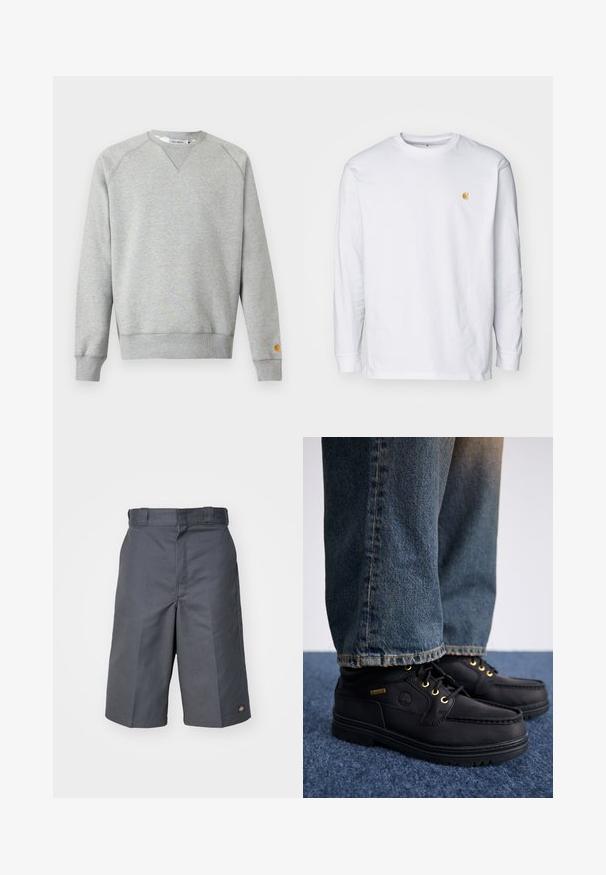 Helehall hall crewneck-tüüpne dressipluus pikkade varrukate ja soonikkoes mansettidega ning väike logoga tahvel vasaku varruka mansetil.; Valge pika varrukaga T-särk, mis on valmistatud puuvillast. Rinnal on väike kuldne logo ja ümar kaelus. Lihtne disain ja standardne lõige.; Hallid lühikesed püksid, valmistatud vastupidavast kangast, sirge lõikega, kahte küljetaskut ja väike logo tagataskul.; Mustad nahast kingad kullavärvi silmadega ja tekstuuriga pinnaga, millele on sobitatud sinised teksad. Kingadel on kihiline tall ning brändingudetail.