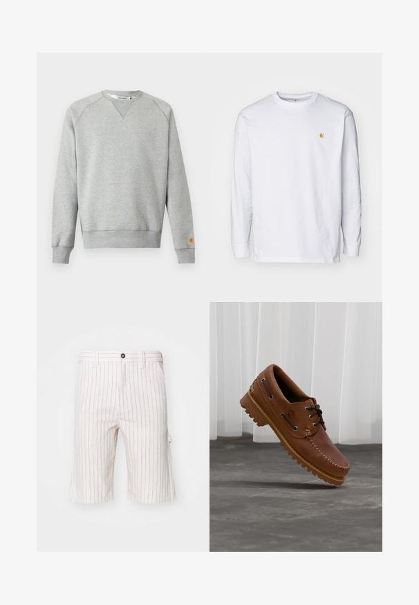 Sweat-shirt gris clair à col rond, manches longues, poignets et ourlet côtelés, avec une petite étiquette logo sur le poignet de la manche gauche.; T-shirt à manches longues blanc en coton. Présente un petit logo doré sur la poitrine et un col rond. Design simple et coupe standard.; Shorts cargo blancs avec des rayures verticales rouges, fabriqués en tissu léger. Comprend une fermeture à bouton et des poches latérales.; Chaussure de bateau en cuir marron avec des lacets noirs, des coutures beiges et une semelle robuste, suspendue au-dessus d'un sol en béton gris.
