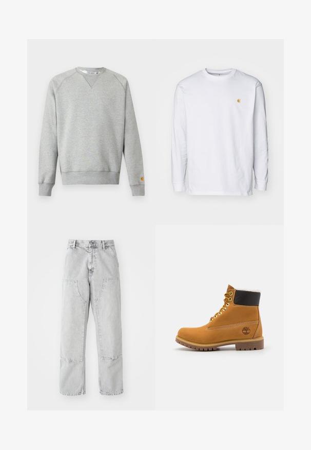 Lysegrå crewneck sweatshir t med lange ærmer, ribbede manchetter og kant, samt lille logo patch på venstre ærmekant.; Hvid langærmet t-shirt lavet af bomuld. Har et lille gyldent logo på brystet og en rund halsudskæring. Enkel design og standard pasform.; Lys grå denim bukser med en løs pasform, der har store sidelommer, synlige sømme og et lige ben design. Bæltestropper i taljen.; Brune læder ankelstøvle med metaløjer, hvid pelsforing, sort polstret krave, robust sål og præget logo på siden.