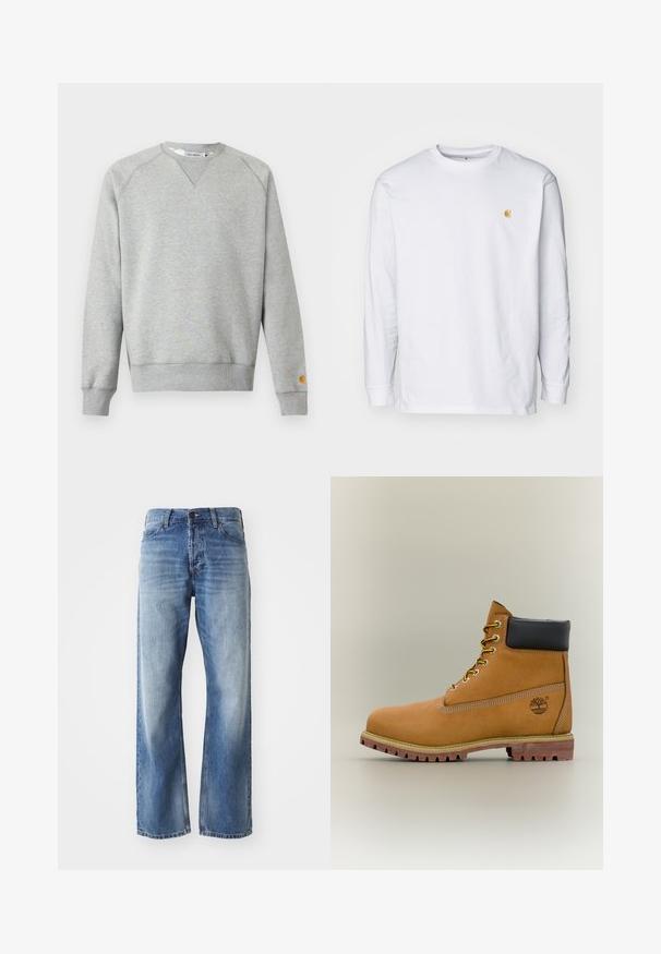Hellgraues Sweatshirt mit Rundhalsausschnitt, langen Ärmeln, gerippten Bündchen und Saum sowie kleinem Logo-Patch am linken Ärmelbündchen.; Weißes Langarm-T-Shirt aus Baumwolle. Mit kleinem goldenem Logo auf der Brust und Rundhalsausschnitt. Einfaches Design und normale Passform.; Blaue Jeans mit geradem Bein aus Denim, mit leichtem Verblassen an den Oberschenkeln und Knien, ausgestattet mit fünf Taschen und einem Knopfverschluss.; Brauner Leder-Stiefelette mit schwarzem Kragen, gelben Schnürsenkeln und hellbrauner Sohle. Verfügt über ein Logo und weiße Ziernähe. Robuste Profilsohle.