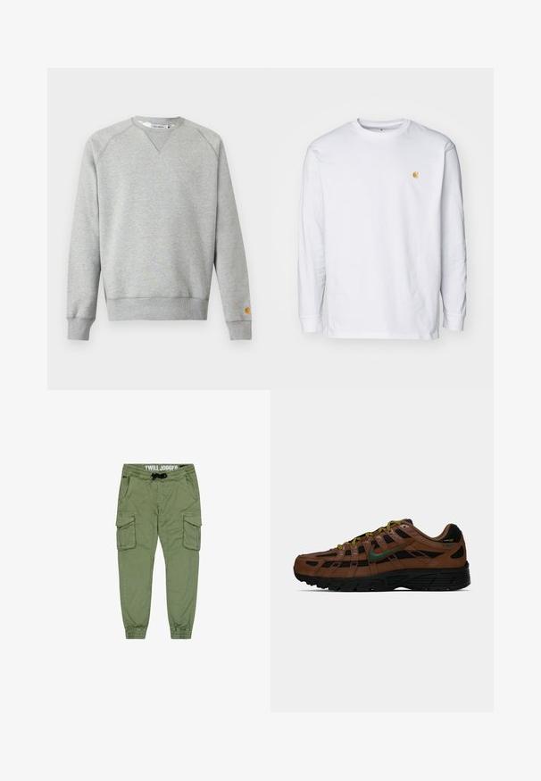 Lysegrå crewneck sweatshir t med lange ærmer, ribbede manchetter og kant, samt lille logo patch på venstre ærmekant.; Hvid langærmet t-shirt lavet af bomuld. Har et lille gyldent logo på brystet og en rund halsudskæring. Enkel design og standard pasform.; Olivenfarvede twill joggers med elastiske manchetter, snoretræk i taljen og flere cargo-lommer til ekstra opbevaring. Glat, slidstærkt stof.; Brun og sort lav-top sneakers med grøn Nike swoosh, gule og sorte snørebånd samt sort sål, set fra siden på ensfarvet baggrund.