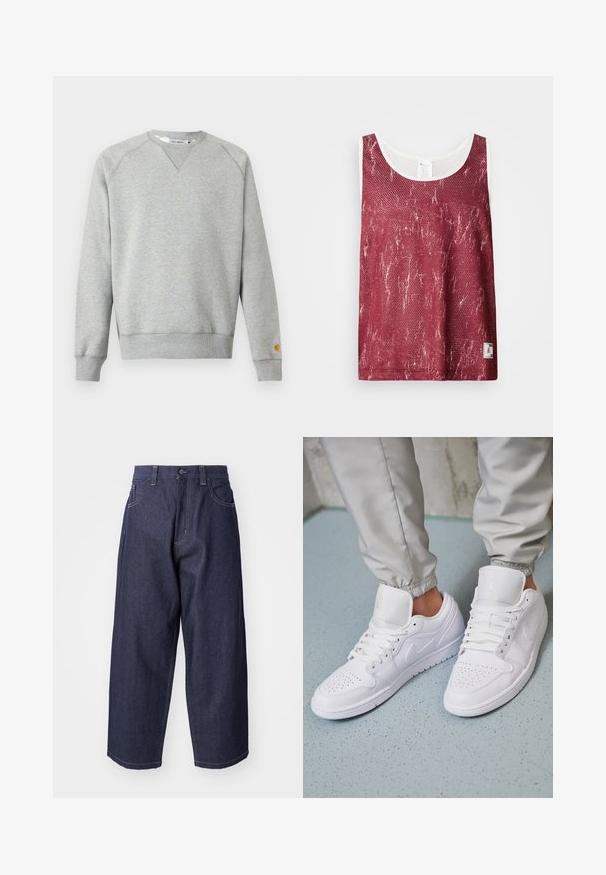Lichtgrijze crewneck sweater met lange mouwen, geribde manchetten en zoom, en een klein logoplaatje op de linkermouwmanchet.; Rode mesh tanktop met een licht vervaagd, versleten patroon. Kenmerkt zich door een witte bies langs de halslijn en armsgaten, en heeft een klein logootje aan de onderkant.; Donkerblauwe denim jeans met een losse, wijde pasvorm. Kenmerken zijn een knoopsluiting, steekzakken aan de voorkant en zichtbare stiksels.; Witte leren sneakers met een geperforeerde neus, platte veters, een gepolsterde kraag en het Jordan-logo op de tong. Gediend met grijze joggers.