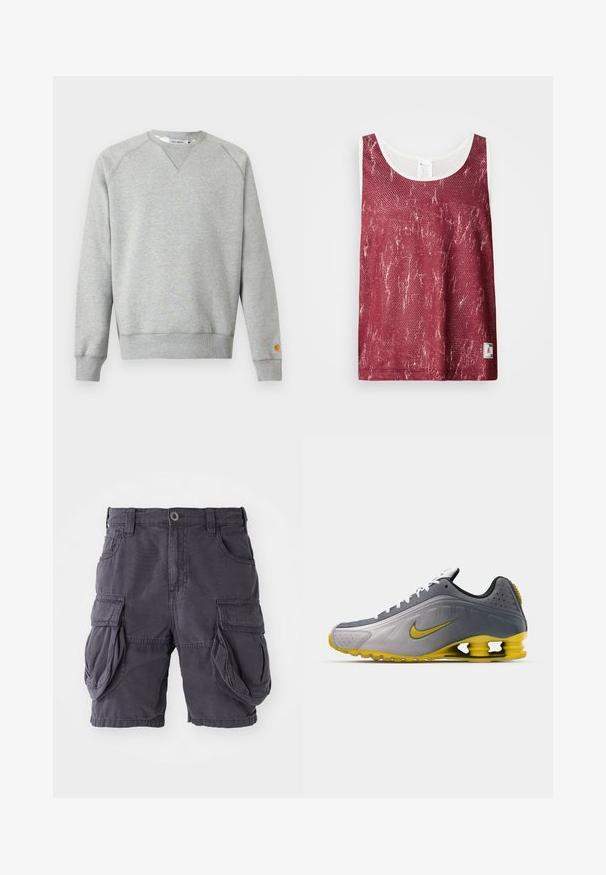 Sweat-shirt gris clair à col rond, manches longues, poignets et ourlet côtelés, avec une petite étiquette logo sur le poignet de la manche gauche.; Débardeur en mesh rouge avec un motif légèrement décoloré et usé. Présente une bordure blanche le long de l'encolure et des emmanchures, ainsi qu'une petite étiquette de logo en bas.; Shorts cargo en coton gris foncé, avec une coupe classique, plusieurs poches latérales et une fermeture à bouton à l'avant. Texture lisse.; Nike Sportswear SHOX R4 SE UNISEX - Baskets basses - vast grey/bright citron/light graphite/smoke grey/white/black