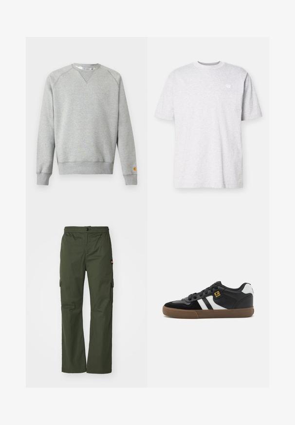Sweat-shirt gris clair à col rond, manches longues, poignets et ourlet côtelés, avec une petite étiquette logo sur le poignet de la manche gauche.; T-shirt en coton gris clair avec des manches courtes, col rond et un petit logo blanc sur la poitrine gauche. Texture douce, coupe décontractée.; Pantalons cargo verts olive avec fermeture à bouton, taille élastique et poches latérales, fabriqués en tissu léger avec une texture lisse.; Baskets noir et blanc avec une tige en daim et en cuir, présentant des rayures blanches, des lacets noirs et une semelle en caoutchouc marron. Accents de logo dorés.