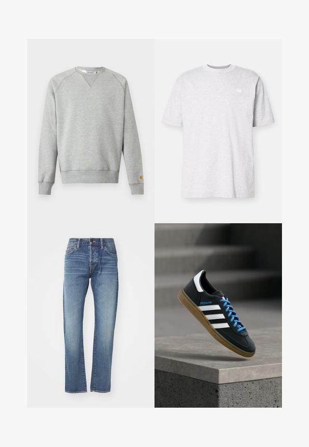 Helehall hall crewneck-tüüpne dressipluus pikkade varrukate ja soonikkoes mansettidega ning väike logoga tahvel vasaku varruka mansetil.; Hele halli puuvillane t-särk lühikeste varrukatega, ümar kaelus ja väike valge logo vasakul rinnal. Pehme tekstuur, vabalt istuv mudel.; Sinine teksariietega püksid sirge lõikega, keskmise pesu, viie tasku ja kerge kulumisega. Klasikaline vöökoht ja vöökohad on samuti olemas.; Must Adidas toss valgete triibu, siniste paelte ja kummist tallaga, hõljuv pehme valgusega halli betoonastme kohal.