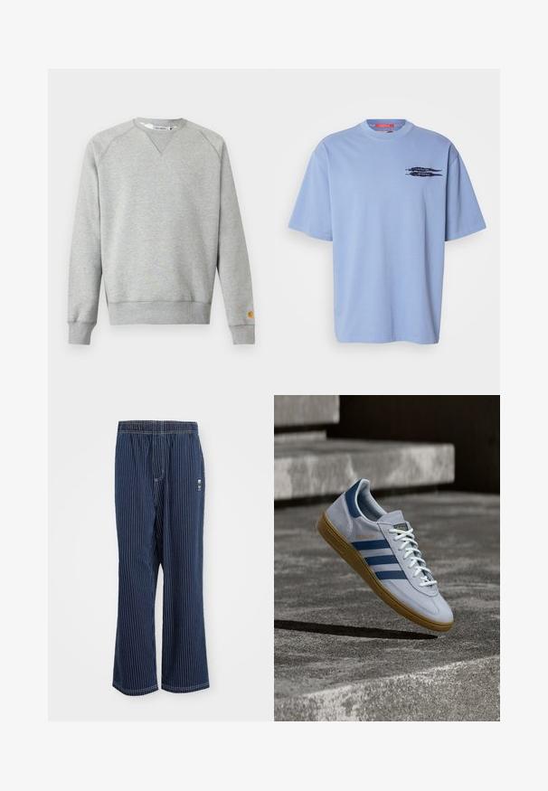 Hellgraues Sweatshirt mit Rundhalsausschnitt, langen Ärmeln, gerippten Bündchen und Saum sowie kleinem Logo-Patch am linken Ärmelbündchen.; Hellblaues T-Shirt mit kurzen Ärmeln aus Baumwolle. Verfügt über einen Rundhalsausschnitt und ein schwarzes Grafikdesign von Pfeilen auf der linken Brustseite.; Marine gestreifte Hose mit hellblauen vertikalen Streifen, elastischem Bund, weit geschnittenem Bein und kleinem Logo an der Seite. Der Stoff hat eine glatte Textur.; Hellblauer Adidas Spezial Sneaker mit dunkelblauen Streifen und Gummisohle, in der Luft über Betontreppen in neutralem Außenbereich gezeigt.