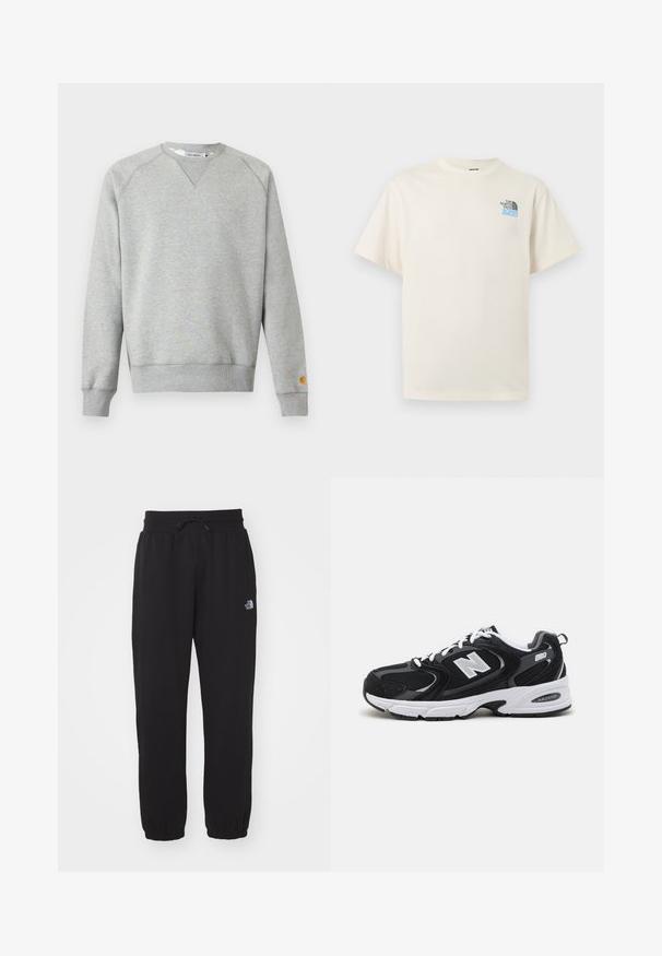 Lysegrå crewneck sweatshir t med lange ærmer, ribbede manchetter og kant, samt lille logo patch på venstre ærmekant.; Off-white T-shirt med korte ærmer, rund hals og lille sort og blå The North Face-logo på venstre bryst.; Sorte sweatpants lavet af blødt stof, med en elastisk talje med snor, manchetter ved anklerne og et lille logo på det øverste lår.; Sorte og grå sportssko med mesh og ruskind på overdelen, der har en hvid mellemsål, snørebånd og et iøjnefaldende "N" logo på siden.