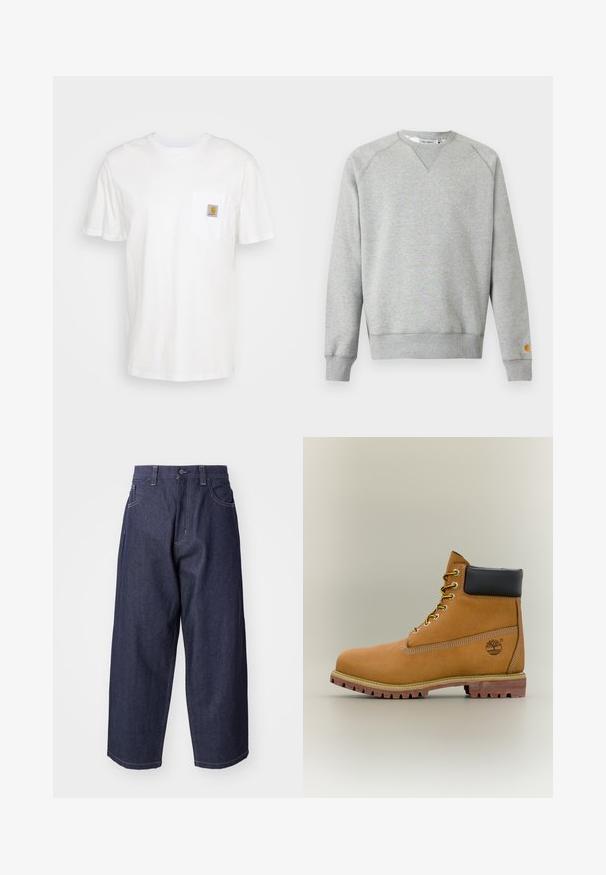 Lysegrå crewneck sweatshir t med lange ærmer, ribbede manchetter og kant, samt lille logo patch på venstre ærmekant.; Hvid bomulds T-shirt med korte ærmer, en brystlomme, og et lille firkantet logo patch i orange og hvid på lommen.; Mørkeblå denim jeans med en løs, bred ben-design. Funktioner inkluderer en knaplukning, frontlommer og synlige stikninger.; Brun læderankelstøvle med sort krave, gule snørebånd og tanfarvet sål. Har logo og hvide syninger som detalje. Robust ydersål med greb.