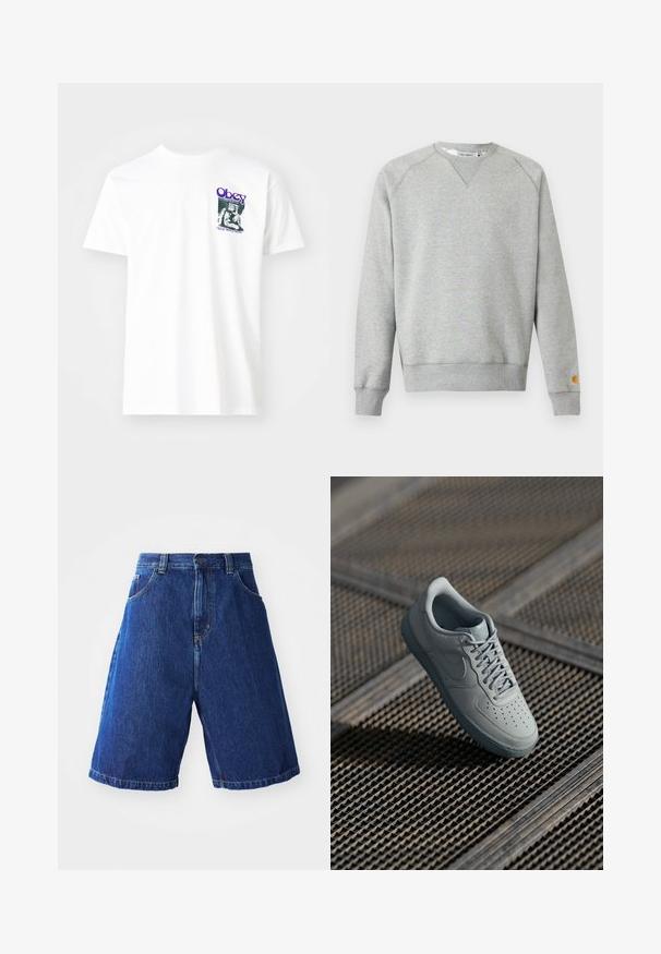 Sweat-shirt gris clair à col rond, manches longues, poignets et ourlet côtelés, avec une petite étiquette logo sur le poignet de la manche gauche.; T-shirt en coton blanc avec un imprimé graphique en violet, représentant une figure assise avec le texte "Obey" et "Stop Worry Now!" en noir.; Shorts en denim avec un lavage bleu, dotés d'une taille haute, de deux poches avant et de coutures jaunes le long des bords.; Baskets en cuir gris avec un bout perforé, lacets plats, col rembourré et semelle en caoutchouc texturé. Présente un détail de marque subtil.