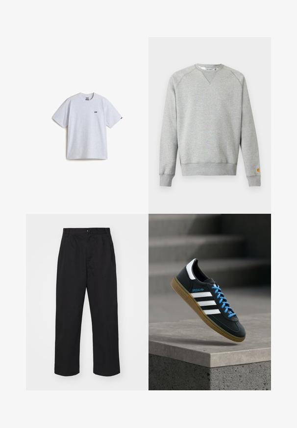 Lysegrå crewneck sweatshir t med lange ærmer, ribbede manchetter og kant, samt lille logo patch på venstre ærmekant.; Lys grå kortærmet t-shirt lavet af bomuld, med et lille sort logo på brystet og en rund halsudskæring. Enkel design, ingen mønstre.; Sorte bomuldsbukser med lige pasform, der har en knaplukning, to frontlommer og en glat tekstur.; Sort Adidas sneaker med hvide striber, blå snørebånd og gummisål, der svæver over gråt betontrin i blødt lys.