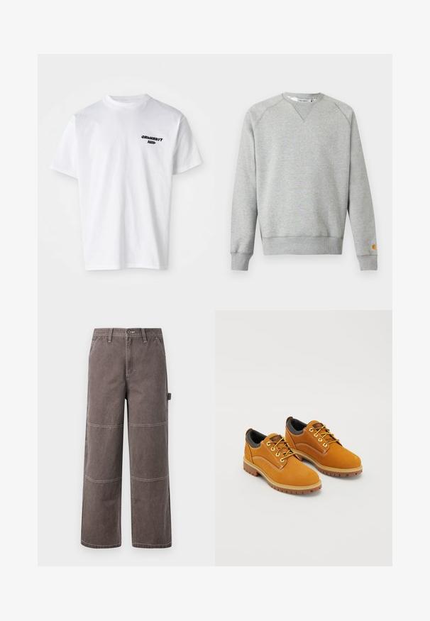 Sweat-shirt gris clair à col rond, manches longues, poignets et ourlet côtelés, avec une petite étiquette logo sur le poignet de la manche gauche.; T-shirt en coton blanc avec un col rond. Logo en texte noir sur la partie gauche de la poitrine. Manches courtes, coupe décontractée et texture douce.; Pantalons larges de couleur marron délavée, fabriqués en tissu durable avec des coutures contrastées. Présente des détails en panneaux et une poche latérale.; Chaussures en daim marron avec un bout rond, des lacets jaunes, un col rembourré noir et des semelles en caoutchouc avec des rainures de traction.