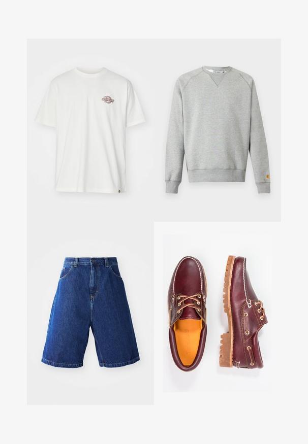 Hellgraues Sweatshirt mit Rundhalsausschnitt, langen Ärmeln, gerippten Bündchen und Saum sowie kleinem Logo-Patch am linken Ärmelbündchen.; Weißes Baumwoll-T-Shirt mit kurzen Ärmeln und Rundhalsausschnitt, mit einem kleinen roten und schwarzen Logo auf der linken Brust. Klassischer, lässiger Schnitt.; Jeansshorts mit blauer Waschung, hoher Taille, zwei Fronttaschen und gelben Nähten entlang der Nähte.; Bordeauxfarbene Lederschuhe mit braunen Gummisohlen, runder Zehenform, weißen Nähten und goldenen Ösen. Das Innenfutter weist eine gelbe Beschichtung auf.