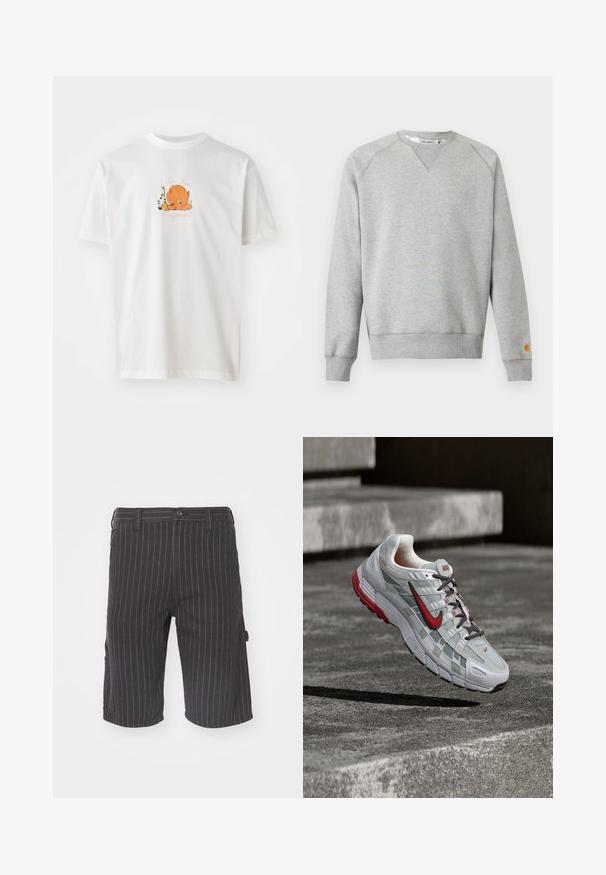 Lysegrå crewneck sweatshir t med lange ærmer, ribbede manchetter og kant, samt lille logo patch på venstre ærmekant.; Hvid bomulds t-shirt med rund halsudskæring. Forsiden viser en orange tegneseriefigur omgivet af blomster og tekst i pink.; Sorte shorts med stribet mønster og lige snit, prydet med knaplukning og sidelommer, lavet af en struktureret bomuldsblandingsstof.; Hvid og grå Nike løbesko med røde accenter og sorte snørebånd, ophængt over grå beton-trin.