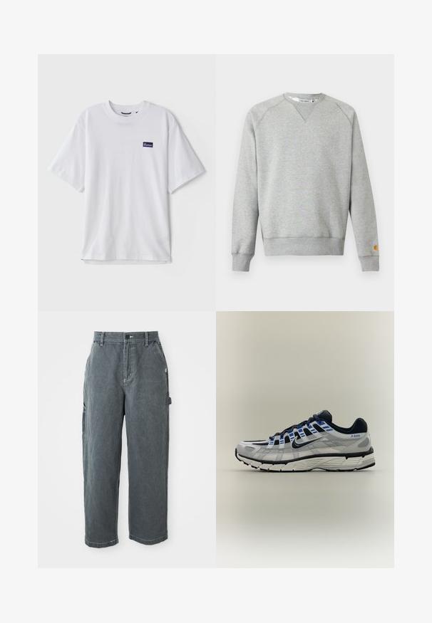 Sudadera gris claro con cuello redondo, mangas largas, puños y dobladillo acanalados, y pequeño parche con logo en el puño de la manga izquierda.; Camiseta de algodón blanca con cuello redondo, mangas cortas y un parche rectangular de logo azul marino en el área del pecho izquierdo.; Pantalones de trabajo rectos de color gris oscuro con trabillas para cinturón, botón delantero y cremallera, bolsillos laterales y un lazo para martillo en la pierna derecha.; Zapatilla de running Nike gris claro y negra con detalles azules, suela blanca y texto "P-6000" en el lateral del talón.