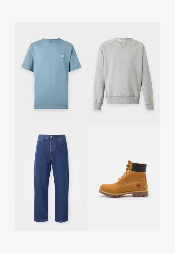 Lichtgrijze crewneck sweater met lange mouwen, geribde manchetten en zoom, en een klein logoplaatje op de linkermouwmanchet.; Lichtblauw T-shirt met korte mouwen en ronde hals, met een klein wit logo op de linkerborst, weergegeven tegen een effen achtergrond.; Hoge taille blauwe jeans van denim, met een rechte pijp silhouet, zichtbare stiksels en een sluiting met een voorknoop.; Bruine leren enkellaars met metalen oogjes, witte faux bont voering, zwarte gewatteerde kraag, robuuste zool en een reliëflogo aan de zijkant.